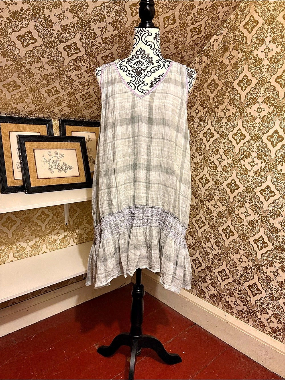 Free People Plaid Gauze Smocked Drop Waist Ruffle Tunic Dress M